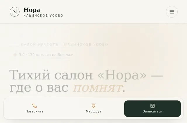 Первый экран сайта салона «Нора»